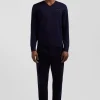 Pull col V en laine et coton bleu marine demi-lune cerclée coupe Regular