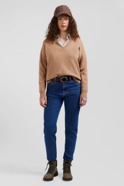 Pull col V en laine et coton camel coupe Relaxed