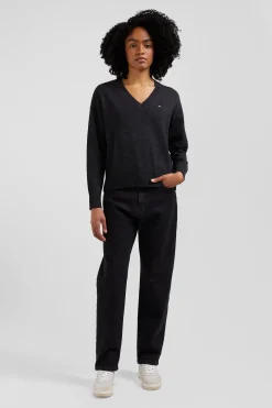 Pull col V en laine et coton gris foncé chiné coupe Relaxed