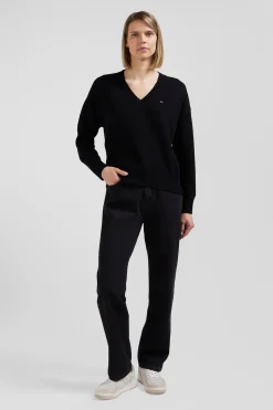 Pull col V en laine et coton noir coupe Relaxed