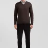 Pull col V en laine et coton marron demi-lune cerclée coupe Regular