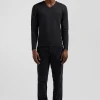 Pull col V en laine et coton gris anthracite demi-lune cerclée coupe Regular