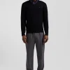 Pull col V en laine et coton noir demi-lune cerclée coupe Regular