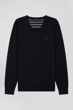 Pull col V en laine et coton bleu marine demi-lune cerclée coupe Regular