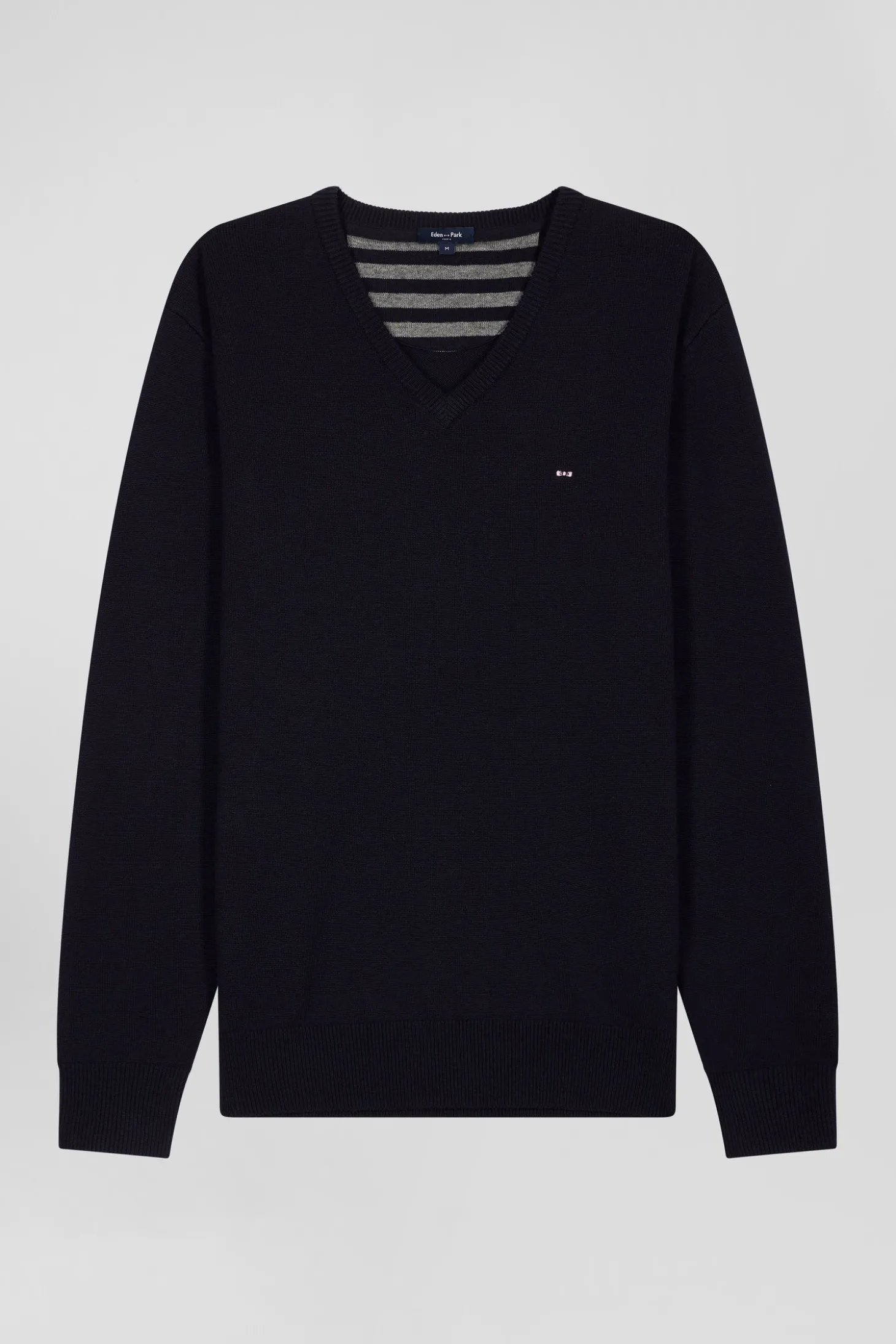Pull col V en laine et coton bleu marine demi-lune cerclée coupe Regular