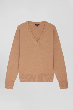 Pull col V en laine et coton camel coupe Relaxed