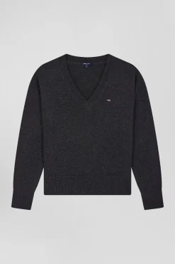 Pull col V en laine et coton gris foncé chiné coupe Relaxed