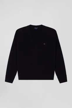 Pull col V en laine et coton noir coupe Relaxed