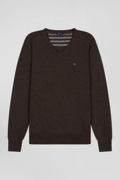 Pull col V en laine et coton marron demi-lune cerclée coupe Regular