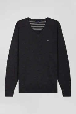 Pull col V en laine et coton gris anthracite demi-lune cerclée coupe Regular