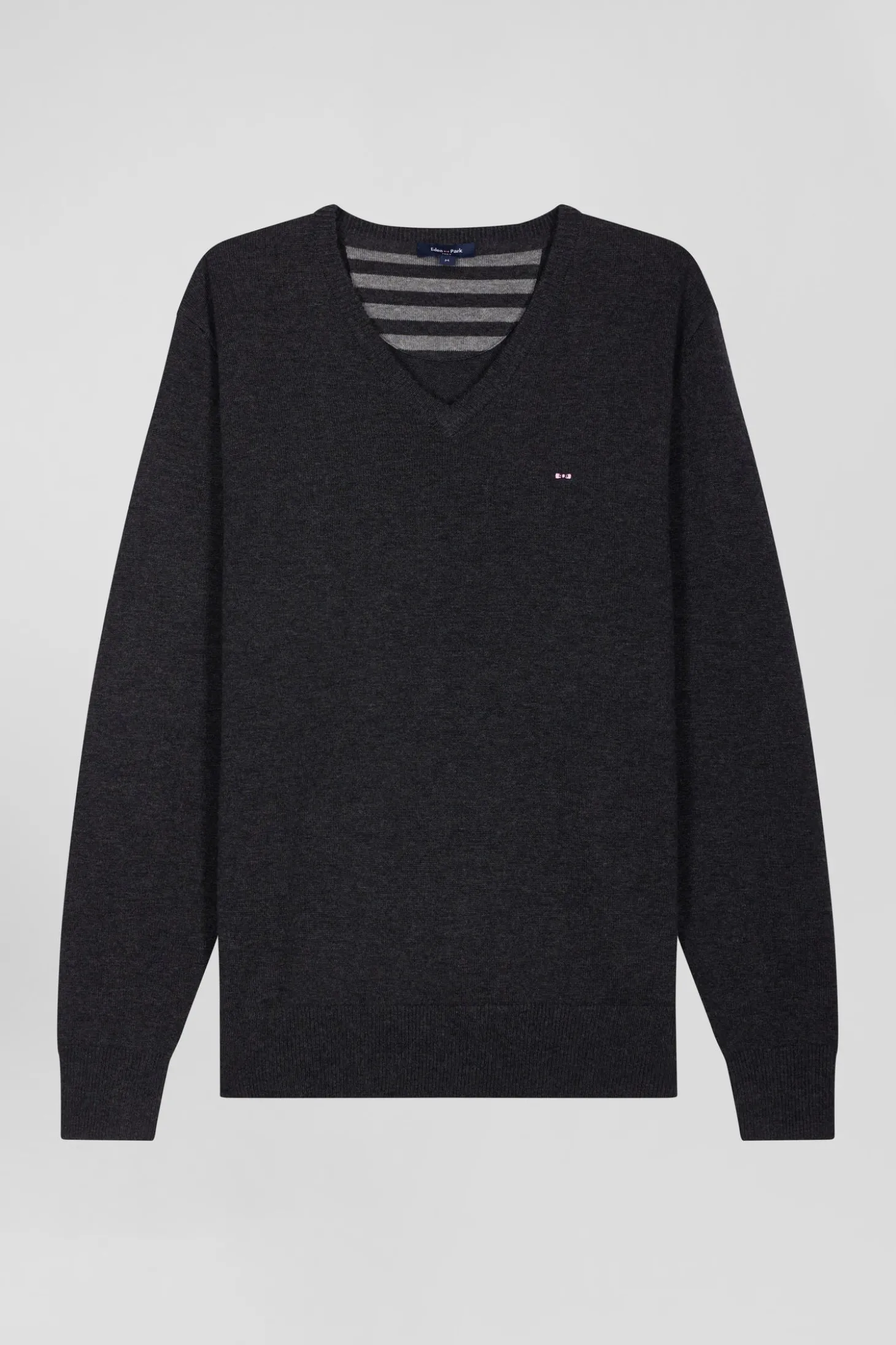 Pull col V en laine et coton gris anthracite demi-lune cerclée coupe Regular