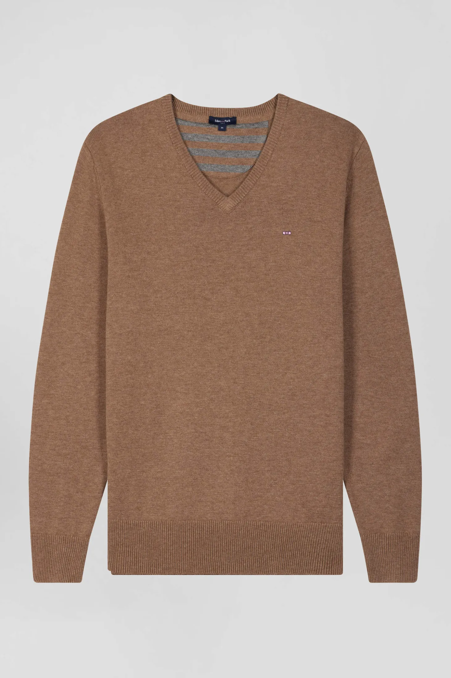 Pull col V en laine et coton camel demi-lune cerclée coupe Regular
