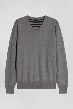 Pull col V en laine et coton gris demi-lune cerclée coupe Regular