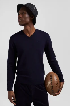 Pull col V en laine et coton bleu marine demi-lune cerclée coupe Regular