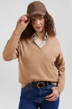 Pull col V en laine et coton camel coupe Relaxed