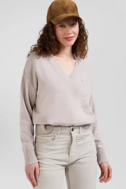 Pull col V en laine et coton beige coupe Relaxed
