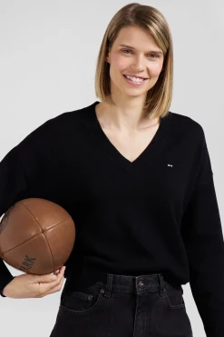 Pull col V en laine et coton noir coupe Relaxed