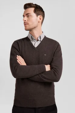 Pull col V en laine et coton marron demi-lune cerclée coupe Regular