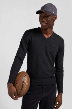 Pull col V en laine et coton gris anthracite demi-lune cerclée coupe Regular