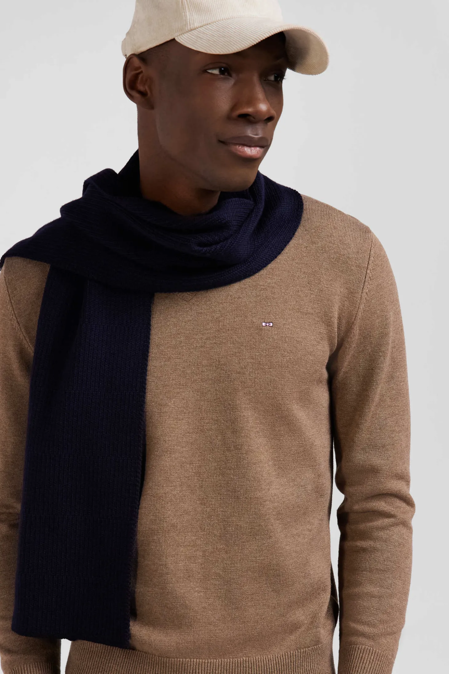 Pull col V en laine et coton camel demi-lune cerclée coupe Regular