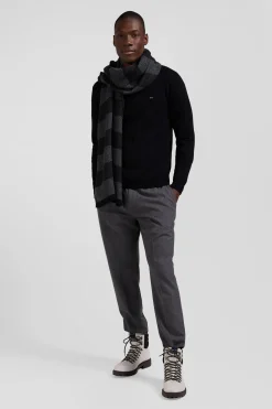 Pull col V en laine et coton noir demi-lune cerclée coupe Regular