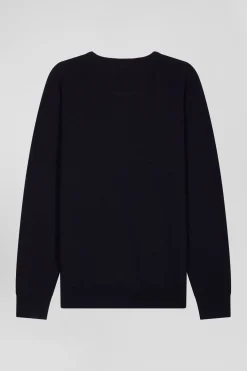 Pull col V en laine et coton bleu marine demi-lune cerclée coupe Regular