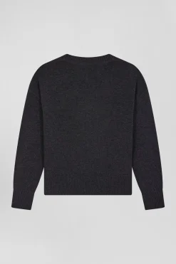 Pull col V en laine et coton gris foncé chiné coupe Relaxed