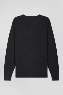 Pull col V en laine et coton gris anthracite demi-lune cerclée coupe Regular