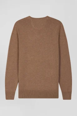 Pull col V en laine et coton camel demi-lune cerclée coupe Regular