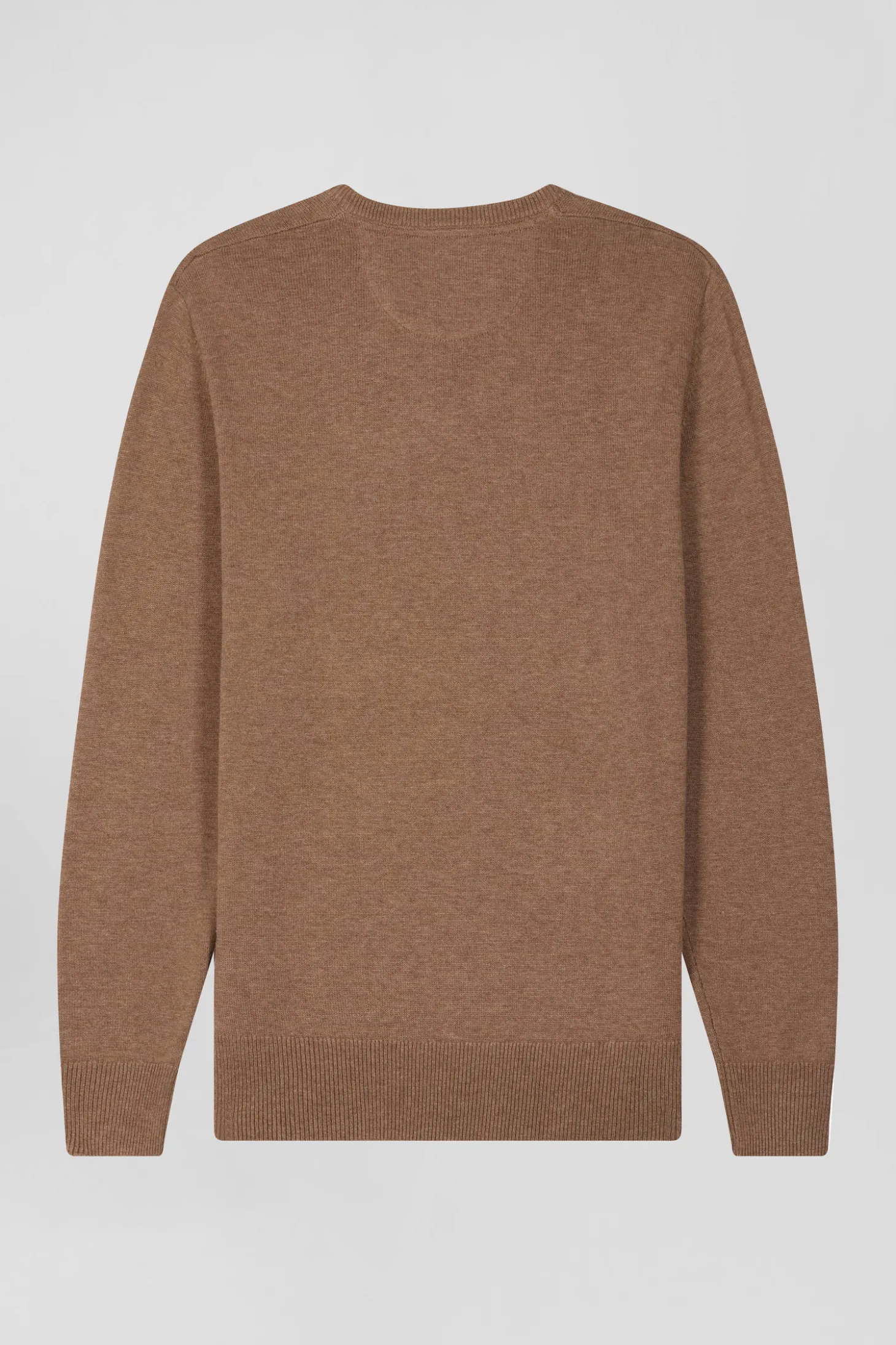 Pull col V en laine et coton camel demi-lune cerclée coupe Regular