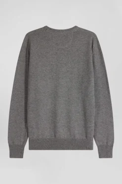 Pull col V en laine et coton gris demi-lune cerclée coupe Regular