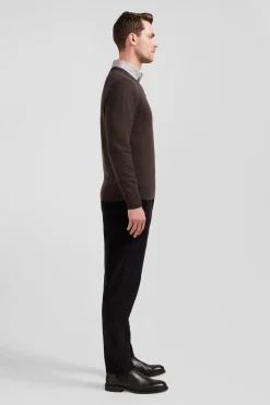 Pull col V en laine et coton marron demi-lune cerclée coupe Regular