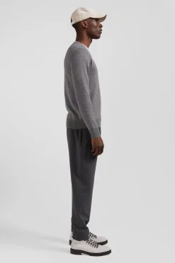 Pull col V en laine et coton gris demi-lune cerclée coupe Regular