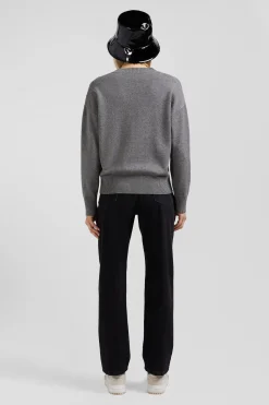 Pull col V en laine et coton gris clair coupe Relaxed