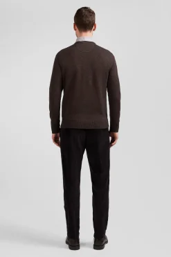 Pull col V en laine et coton marron demi-lune cerclée coupe Regular