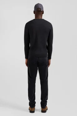 Pull col V en laine et coton gris anthracite demi-lune cerclée coupe Regular
