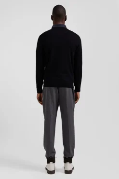 Pull col V en laine et coton noir demi-lune cerclée coupe Regular