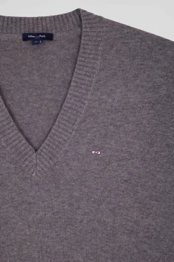 Pull col V en laine et coton gris clair coupe Relaxed