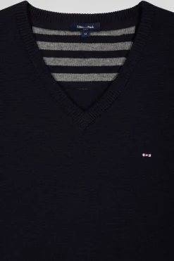 Pull col V en laine et coton bleu marine demi-lune cerclée coupe Regular