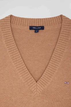 Pull col V en laine et coton camel coupe Relaxed