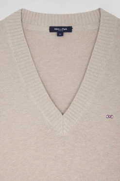 Pull col V en laine et coton beige coupe Relaxed