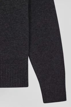 Pull col V en laine et coton gris foncé chiné coupe Relaxed