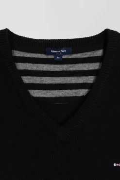 Pull col V en laine et coton noir demi-lune cerclée coupe Regular