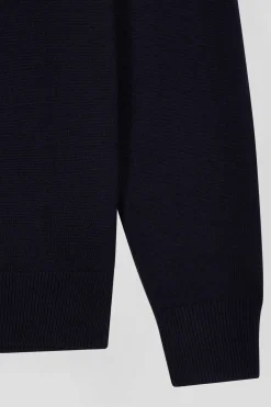 Pull col V en laine et coton bleu marine demi-lune cerclée coupe Regular