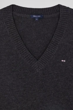 Pull col V en laine et coton gris foncé chiné coupe Relaxed