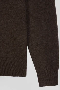 Pull col V en laine et coton marron demi-lune cerclée coupe Regular