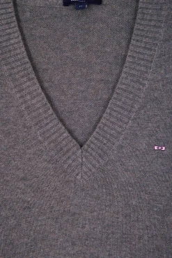 Pull col V en laine et coton gris clair coupe Relaxed