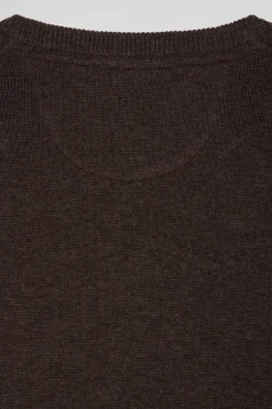 Pull col V en laine et coton marron demi-lune cerclée coupe Regular