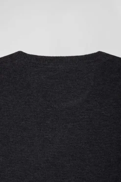 Pull col V en laine et coton gris anthracite demi-lune cerclée coupe Regular