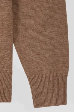 Pull col V en laine et coton camel demi-lune cerclée coupe Regular
